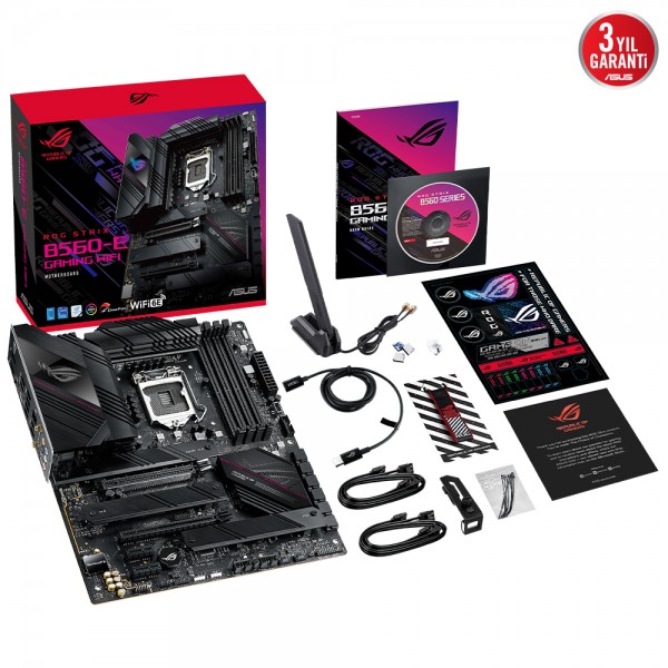 ASUS ROG STRIX B560-E GAMING WIFI Intel B560 LGA1200 DDR4 5333 DP HDMI 3x M2 USB3.2 AX WiFi + BT AURA RGB 2.5Gb Intel ATX 128GBa kadar ram desteği, İki Yönlü AI Ses Engelleyici Mic. 5