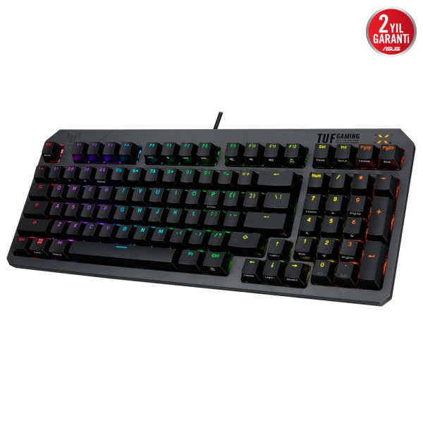 ASUS TUF GAMING K3 GEN II RED SWITCH, KOMPAKT 97 TUŞ DİZİLİMİ, OPTİK-MEKANİK RGB ANAHTARLAR, SES AZALTICI KÖPÜK, IP57 SU GEÇİRMEZLİK, ÇIKARILABİLİR ÜST PLAKA VE AURA SYNC 3